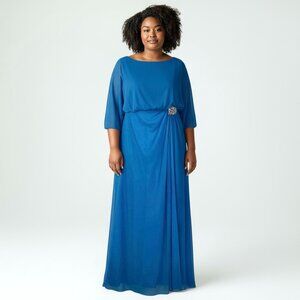 ALEX EVENINGS Peacock Blue Side Ruched Embellished 3/4 Sleeve Gown